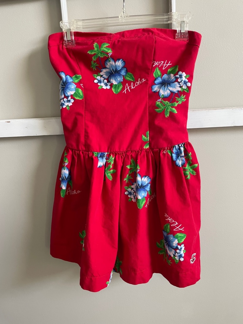 Hollister Bright Red Strapless Mini Dress with Blue Floral Print